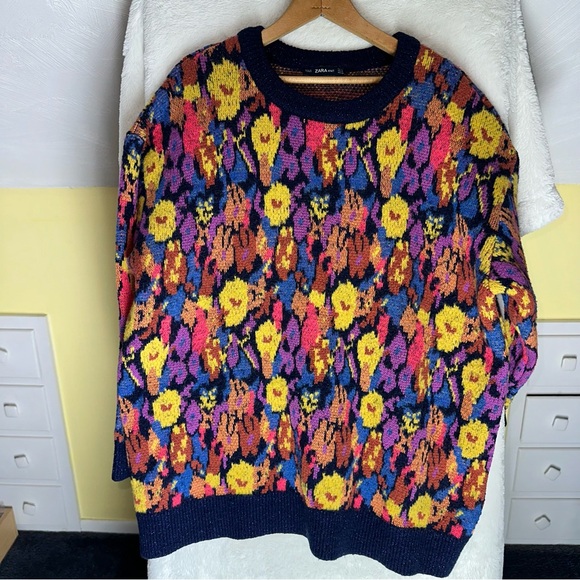 Zara Chunky Floral Jaquard Colorful Sweater Oversized Baggy Loose Bold Retro M - Picture 9 of 14